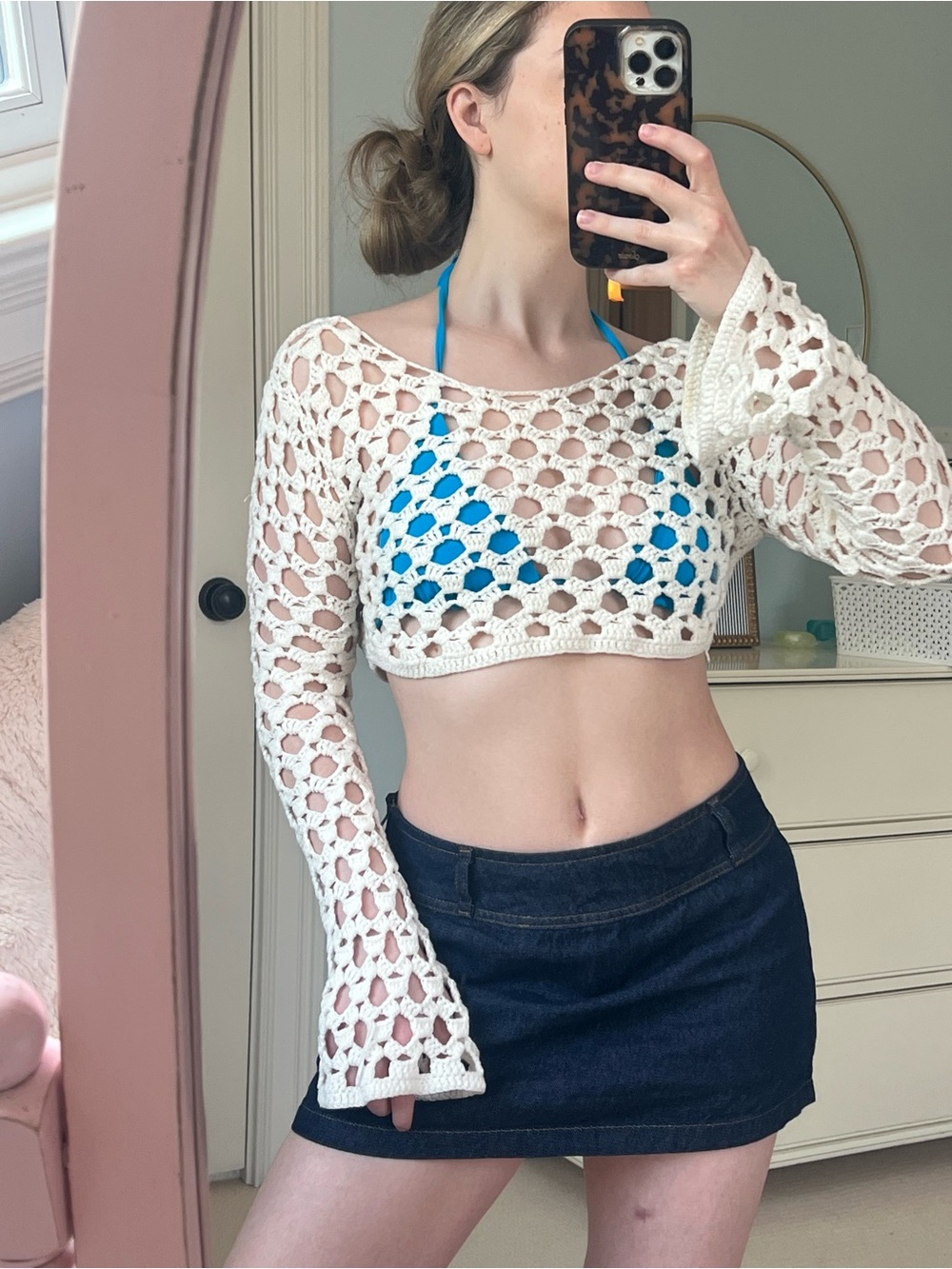 Edikted SIZE XS/S Cream Crochet Open-Knit Cropped Cover-Up